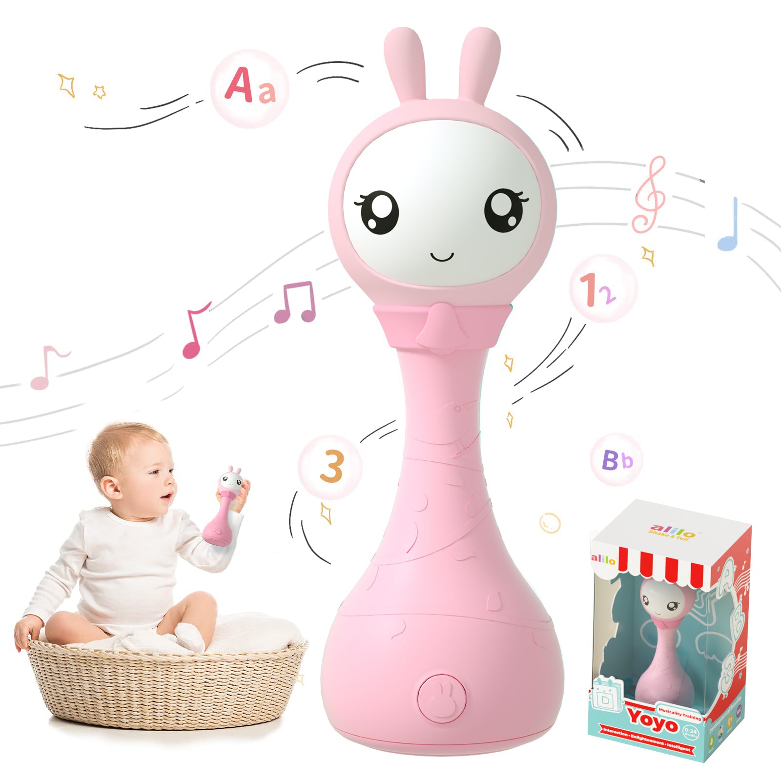 alilo Yoyo Talking Bunny Baby Singing Musical Rattle, Mimicking Toys Repeats What You Say, Preloaded 90+ Audio Content, ABC/Number/Notes Learning Toys for Toddlers Infant Newborn Boy Girl Gifts