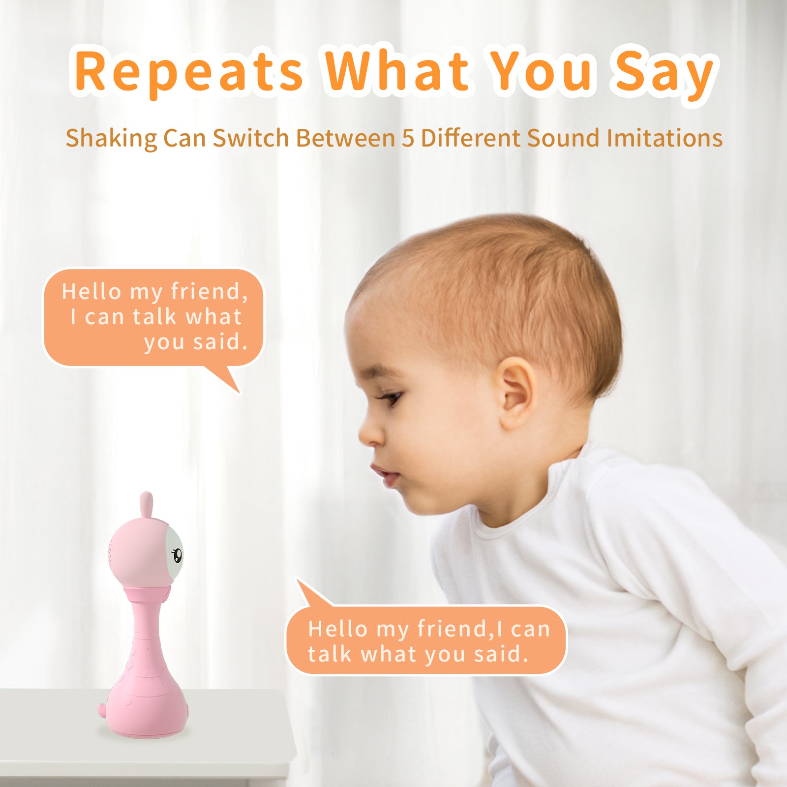 alilo Yoyo Talking Bunny Baby Singing Musical Rattle, Mimicking Toys Repeats What You Say, Preloaded 90+ Audio Content, ABC/Number/Notes Learning Toys for Toddlers Infant Newborn Boy Girl Gifts