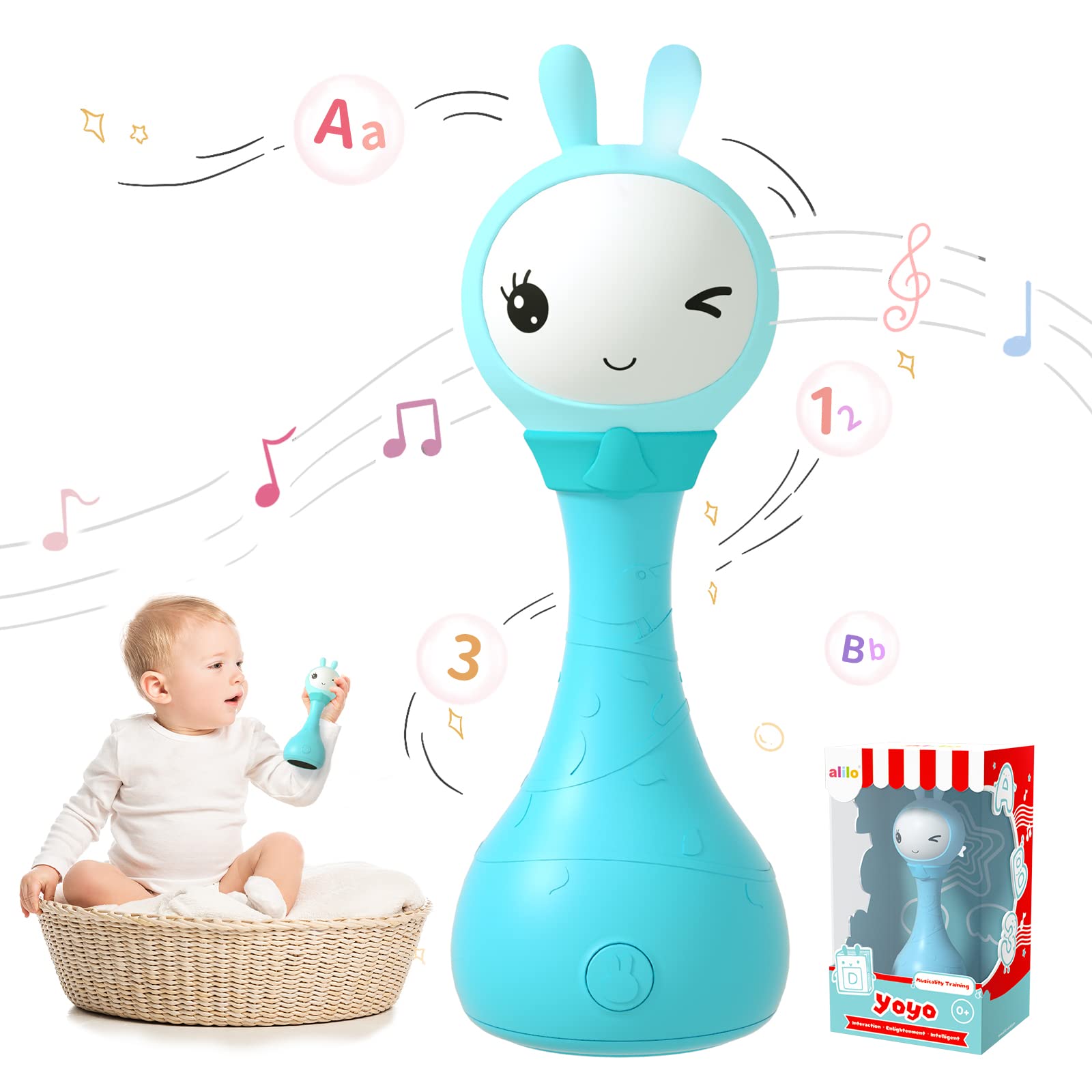 alilo Yoyo Talking Bunny Baby Singing Musical Rattle, Mimicking Toys Repeats What You Say, Preloaded 90+ Audio Content, ABC/Number/Notes Learning Toys for Toddlers Infant Newborn Boy Girl Gifts