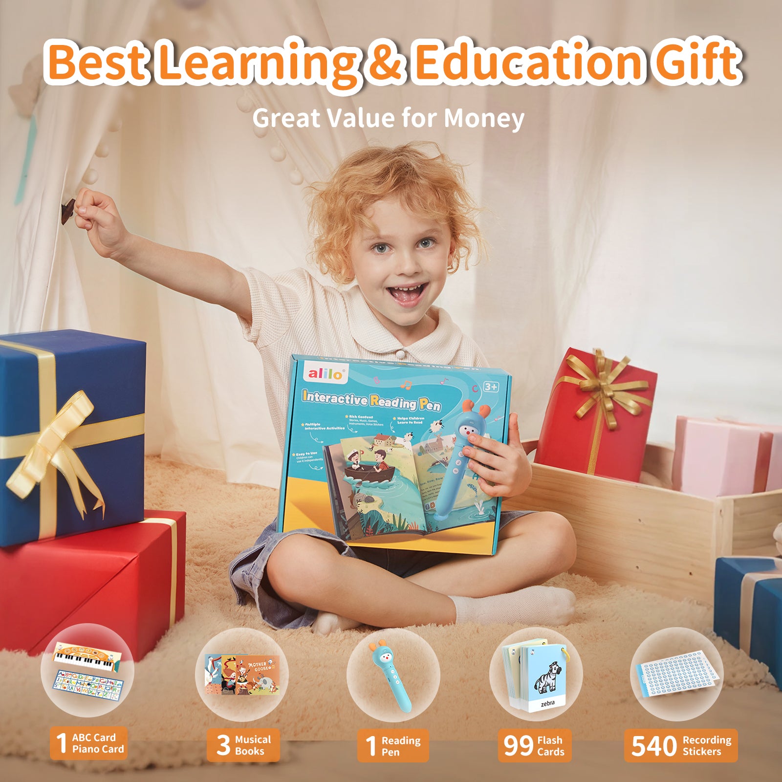 alilo Talking Pen for Kids Ages 2-6 | Educational Electronic Toy with 3 Interactive Books, 100 Flashcards, ABCs & Piano Card | Early Learning Gift for Toddlers, Boys and Girls